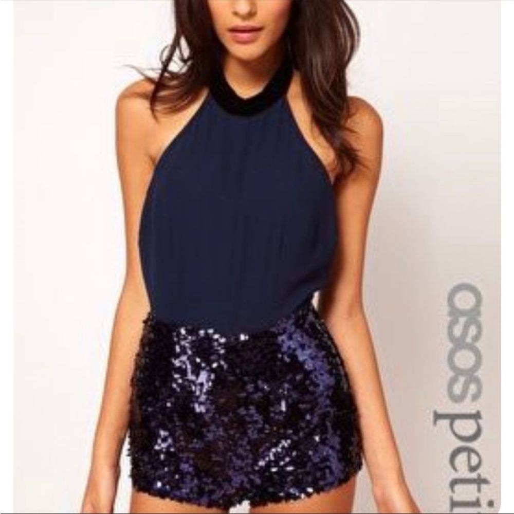 ASOS Petite Halter Romper w/ Sequin Shorts in Navy Blue